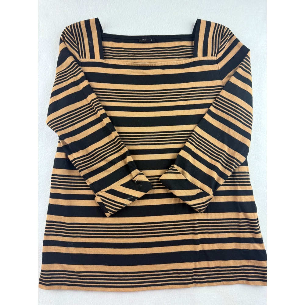 Talbots XS Black & Tan Striped Knit Square Neck Long Sleeve Top Tunic